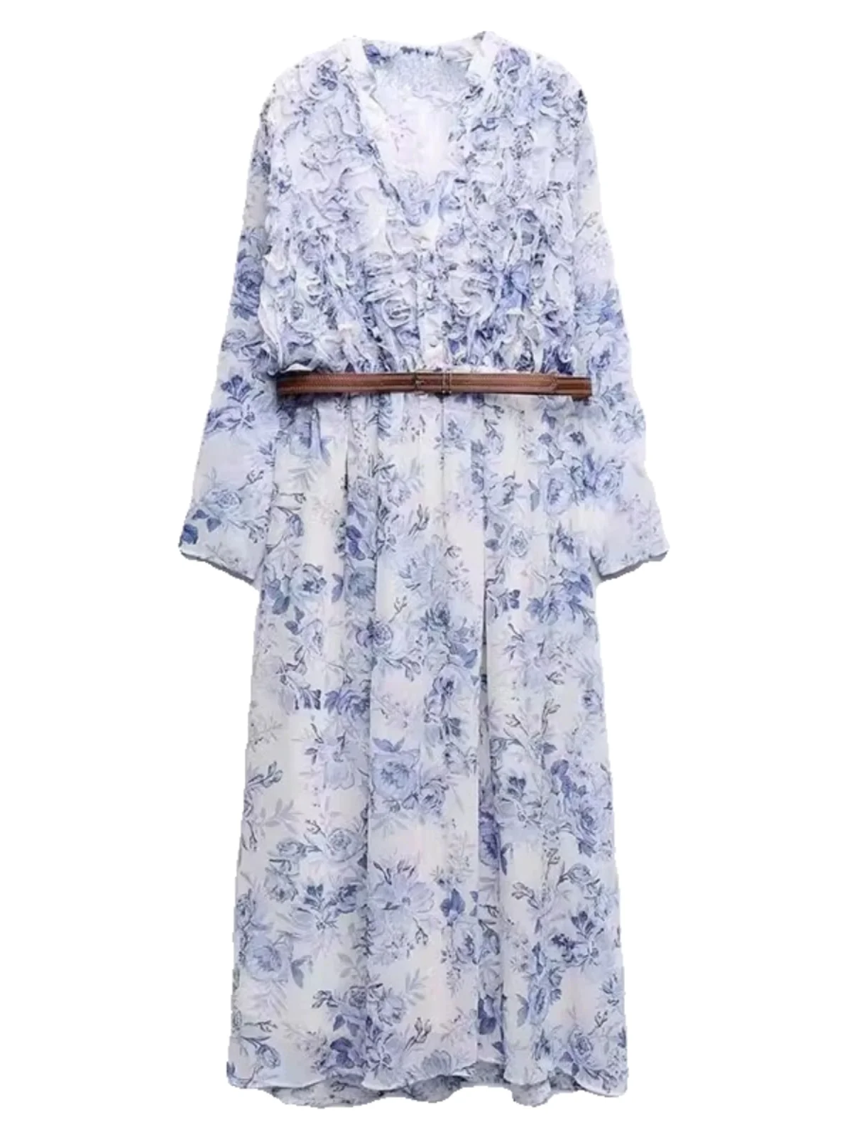 Frühling New Faion Damen Dr Belted Layered Decorative Print Street Sle Long Sve V-Ne Anderes Material Einzelstück