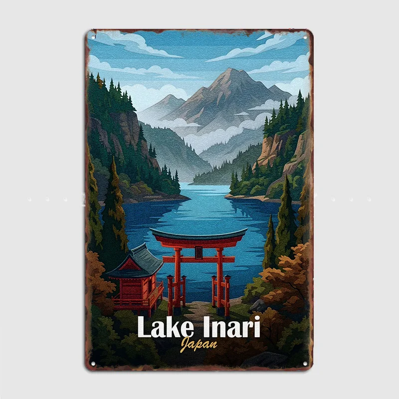 Póster de viaje con arte paisajístico del lago Inari, Japón, cartel metálico personalizado para bar, dormitorio, decoración de pared interior del hogar, decoración de habitación