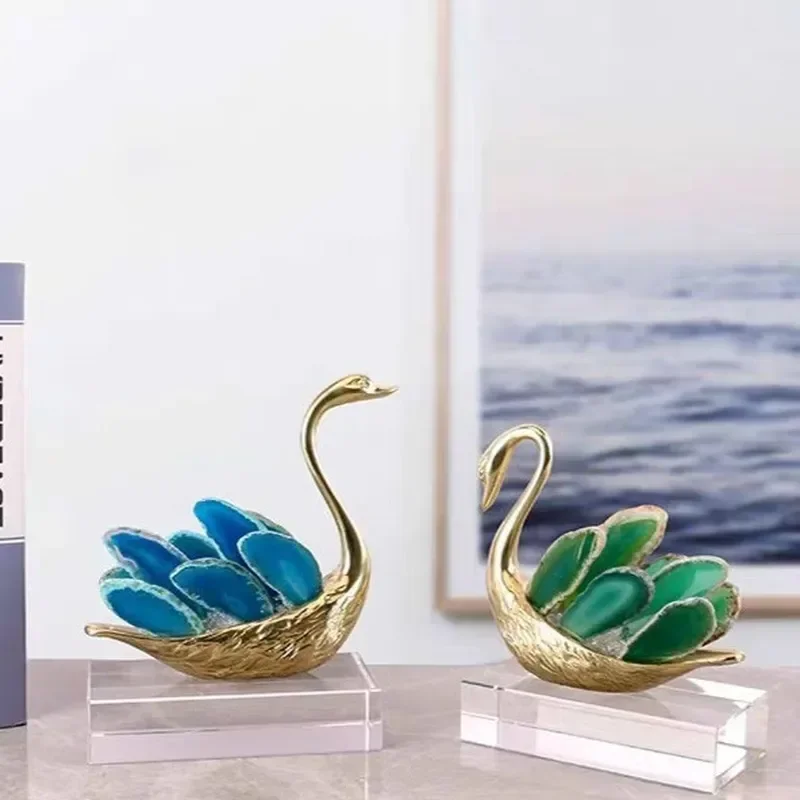 Modern Light Luxury Crystal Swan Ornament Agate Stone Wine Cabinet Decor Home Living Room Soft Decoration