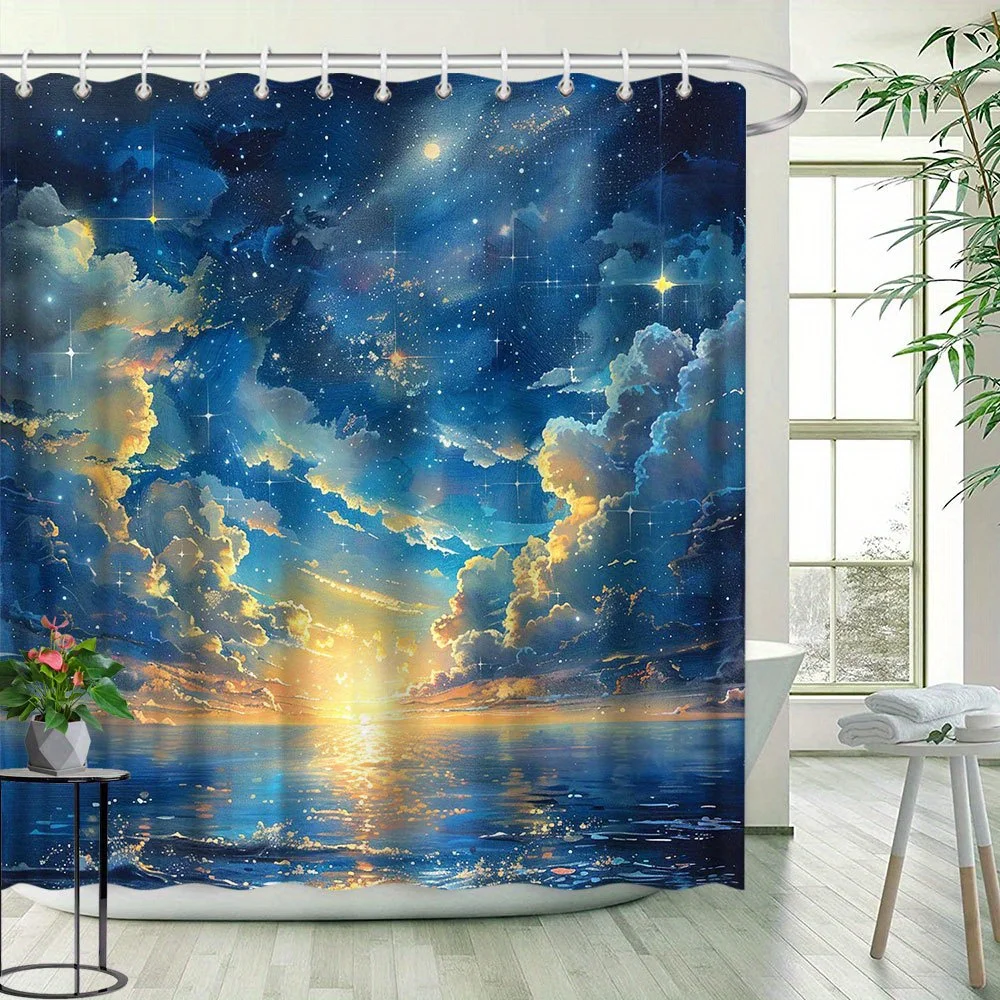 

Sunset Scenery Shower Curtain - Starlight & Clouds Intertwined, Natural Landscape, Polyester Bathroom Decor, 12 Hooks