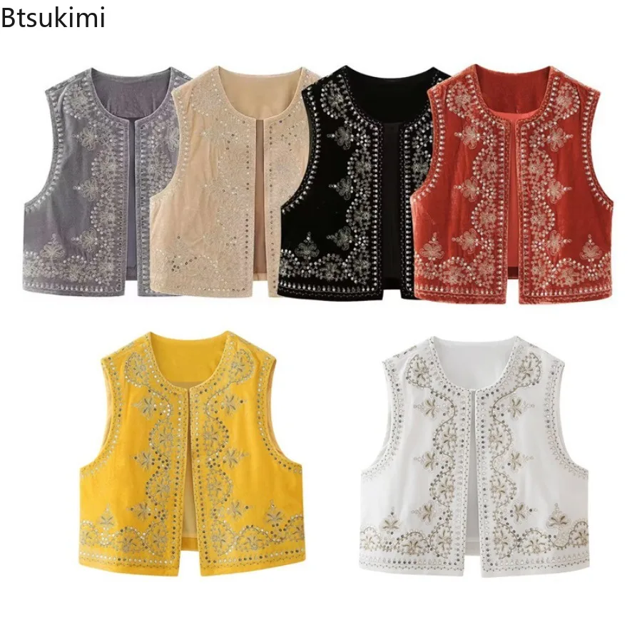 Ethnic Style Sequin Floral Embroidery Vest Tops Women's Fashion Vintage V-neck Sleeveless Outerwear Vest Chic Cardigan Waistcoat