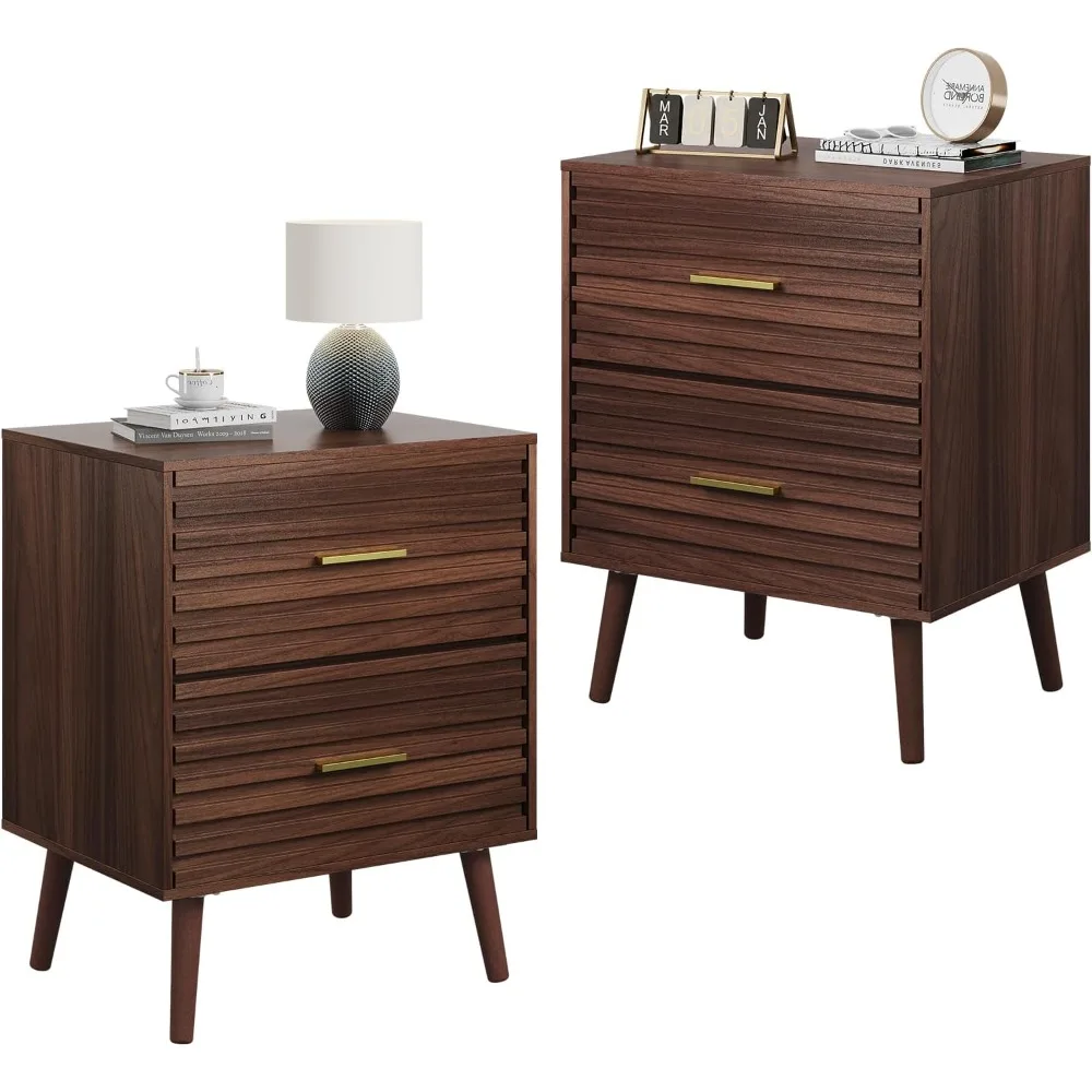 Wood Night Stand Set of 2 with 2 Drawers, Mid Century Modern Nightstand Sets, Fluted Bed Side Tables for Bedroom, Dorm, Living