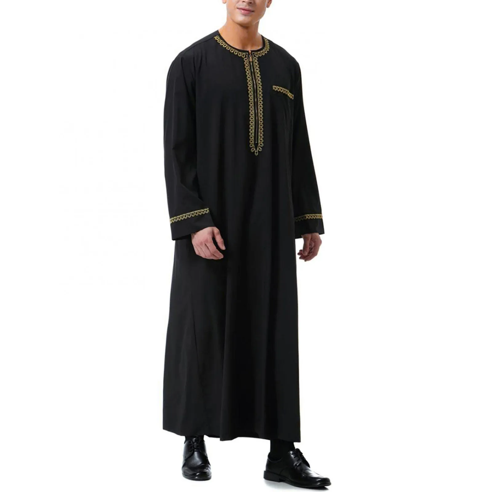 Abito musulmano da uomo Abito centrale arabo Manica lunga Tasca ricamata Camicia Abaya lunga Preghiera Abbigliamento uomo musulmano