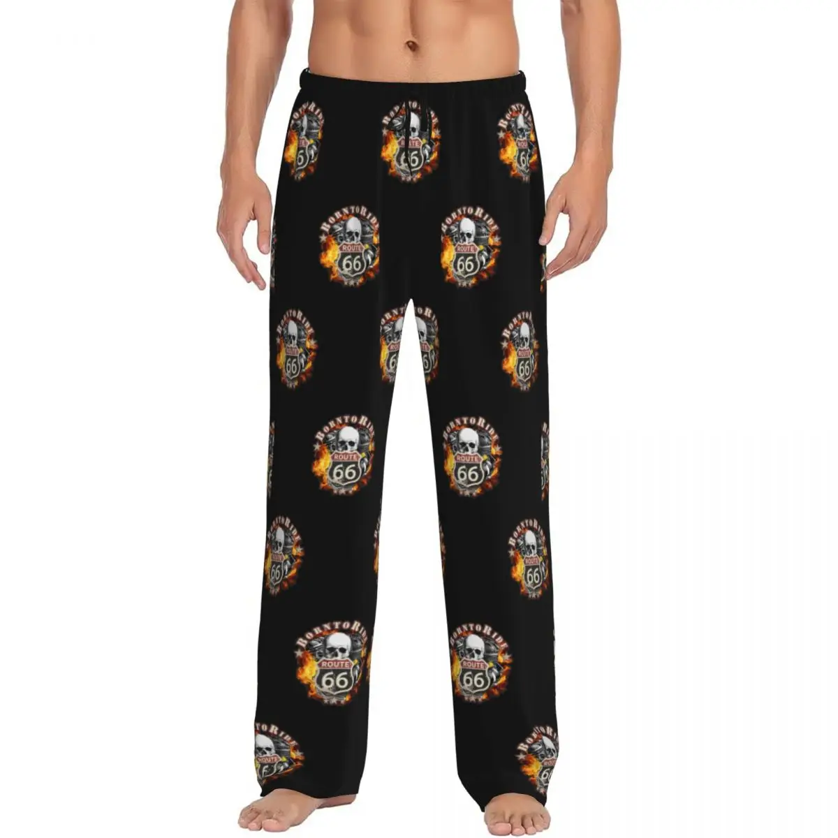 Custom Born To Ride Skull Pajama Pants Men's Route 66 Lounge Sleep Drawstring Sleepwear Bottoms with Pockets