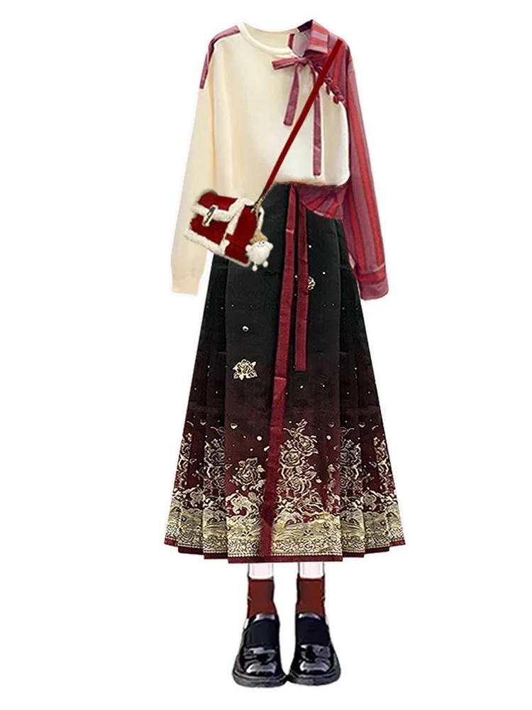 ชุดเซ็ตสองชิ้นสำหรับผู้หญิงไซส์ใหญ่ สไตล์จีนใหม่ประจำฤดูใบไม้ร่วง กระโปรงทรงเอวสูง ดีไซน์เก๋ไก๋ ท็อปตัดต่อผ้า