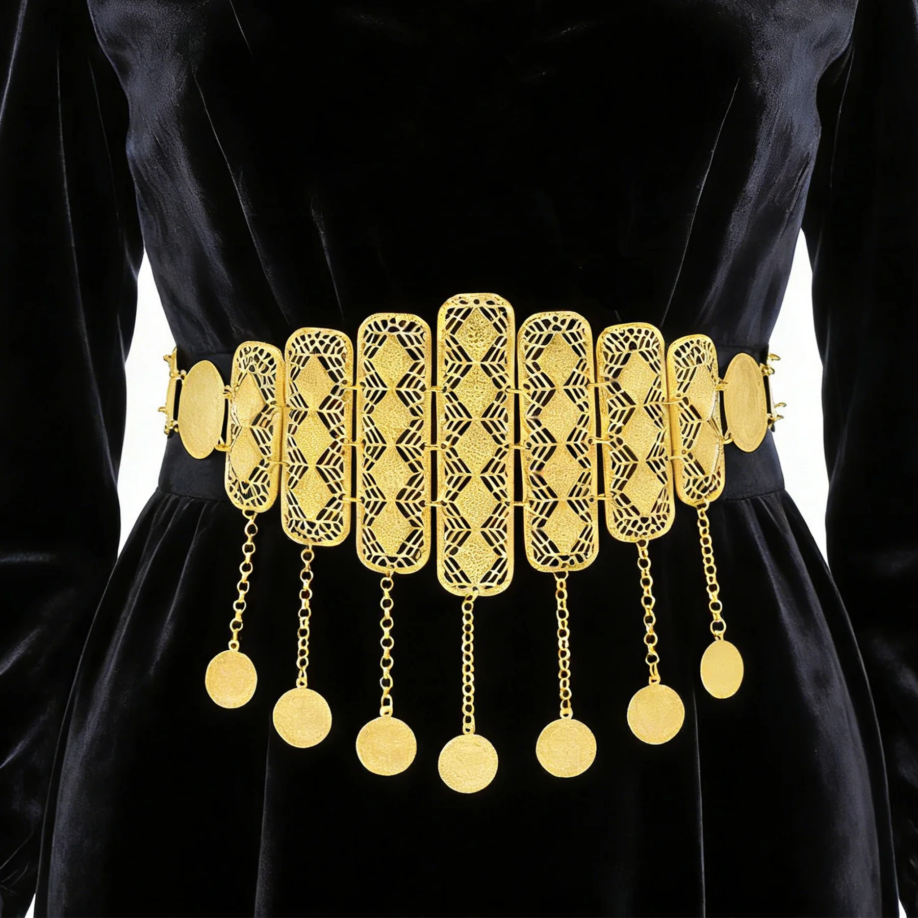 

Golden Long Coin Tassel Pendant Hollow Geometric Belt India Waist Belly Chains Moroccan Afghan Turkish Arabic Jewelry Accessory