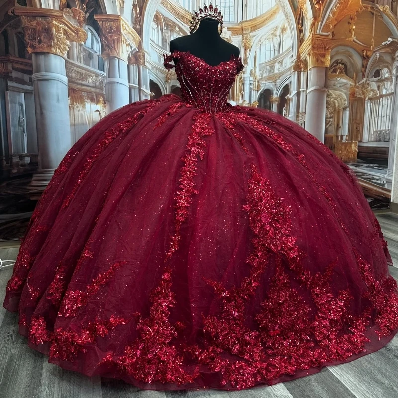 

Red Shiny Quinceanera Dresses Ball Gown Off The Shoulder Applique Beading Crystal Bow Tull Party Birthday Sweet 16 Dress Vestido