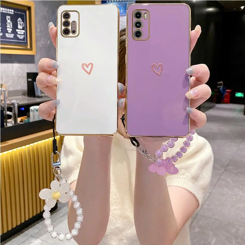 edge 20 30 Love heart Flower Strap Case On For Motorola Moto EDGE 20 30 G8 G9 E7 Plus Play E20 E13 E22 E21 E32 Stand Cover G 8 9