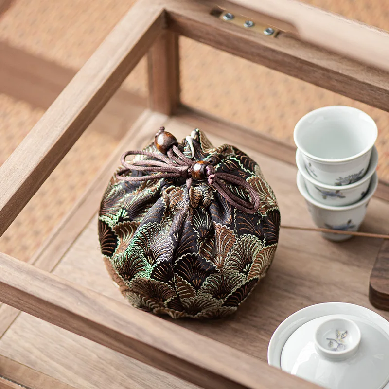 9x0cm Chinese brocade  Jacquard black storage bag cotton linen portable tea set cloth bundle pocket