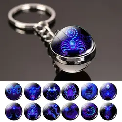 12 konstelacji breloczek Luminous dwustronne szkło Ball wisiorek 12 zodiaku breloczek moda prezent urodzinowy dla mężczyzn i kobiet