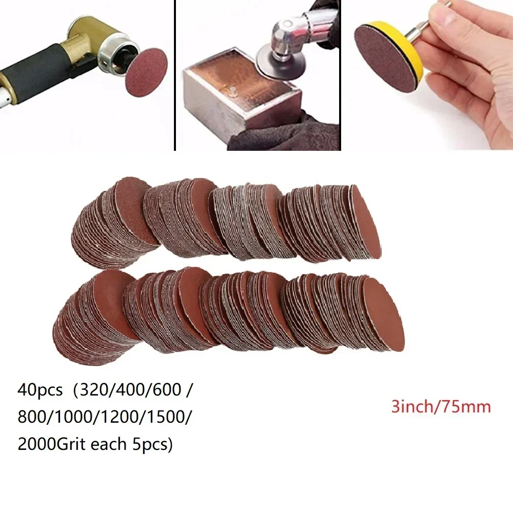 40pcs/Set 3 Inch 75mm-80mm Sanding Discs Hook Loop Sandpaper Abrasive Sand Sheets 320/400/600 /800/1000/1200/1500/2000 Grit Home