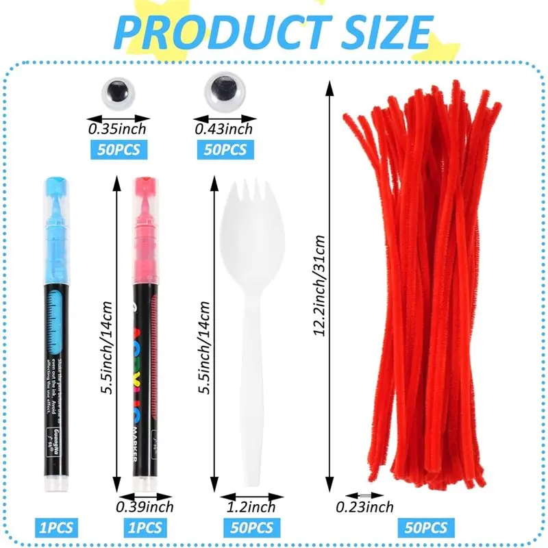 مجموعة A58Z 50Sets Fork Craft Kit تتضمن منظفات الأنابيب الحمراء الرياضية ذاتية اللصق عيون جوجلي وأقلام تحديد اصنع مجموعة الحرف اليدوية الخاصة بك #6
