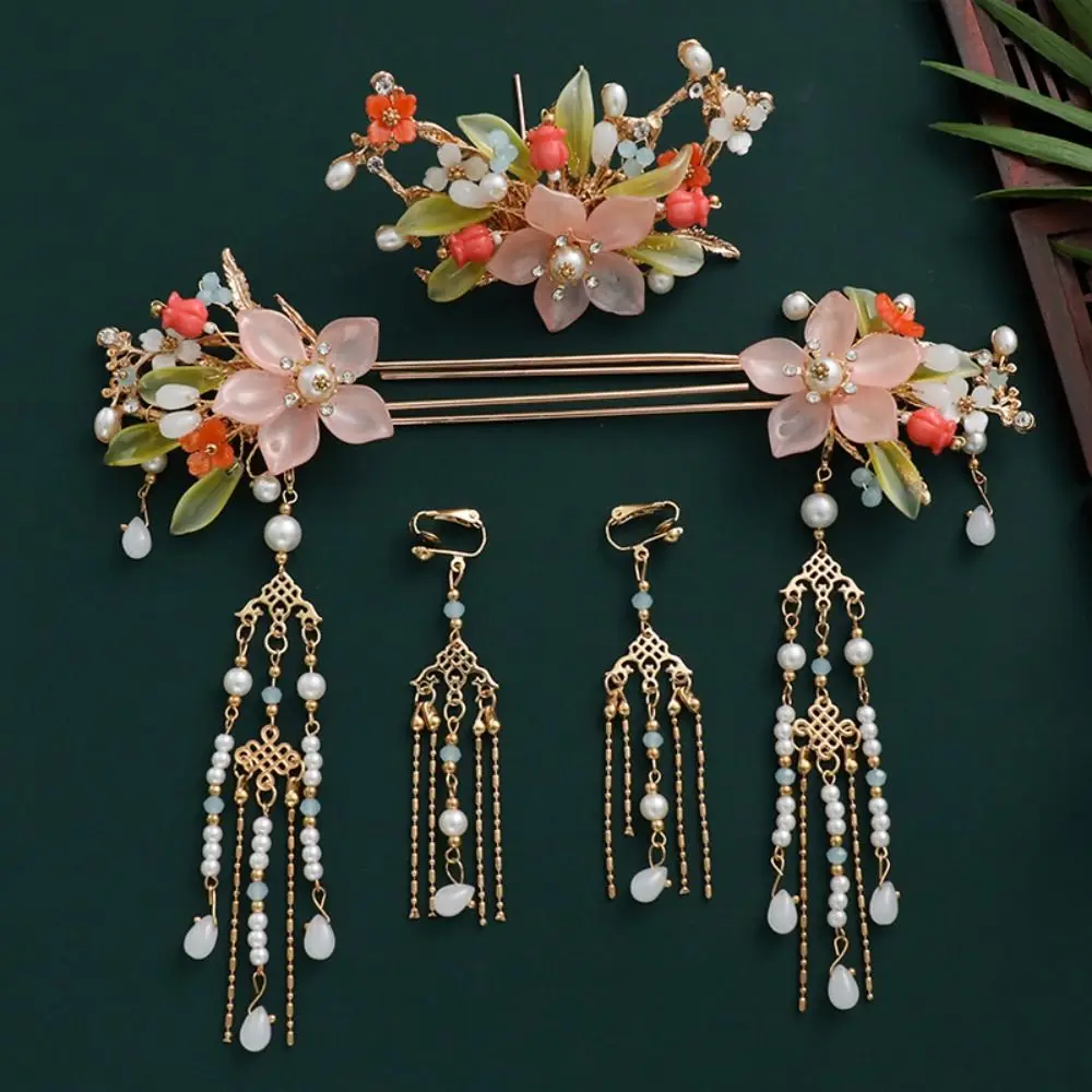 Set de Horquillas de Estilo Antiguo Chino con Flores, Borlas de Perlas, Horquilla Hanfu de Aleación, Horquillas para Cabello Largo