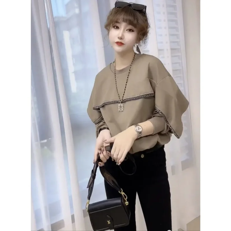 Fashion Classic Ruffles Slim Hoodies Women Long Sleeve Korean Casual O-collar All-match Loose Office Lady High Quality Top