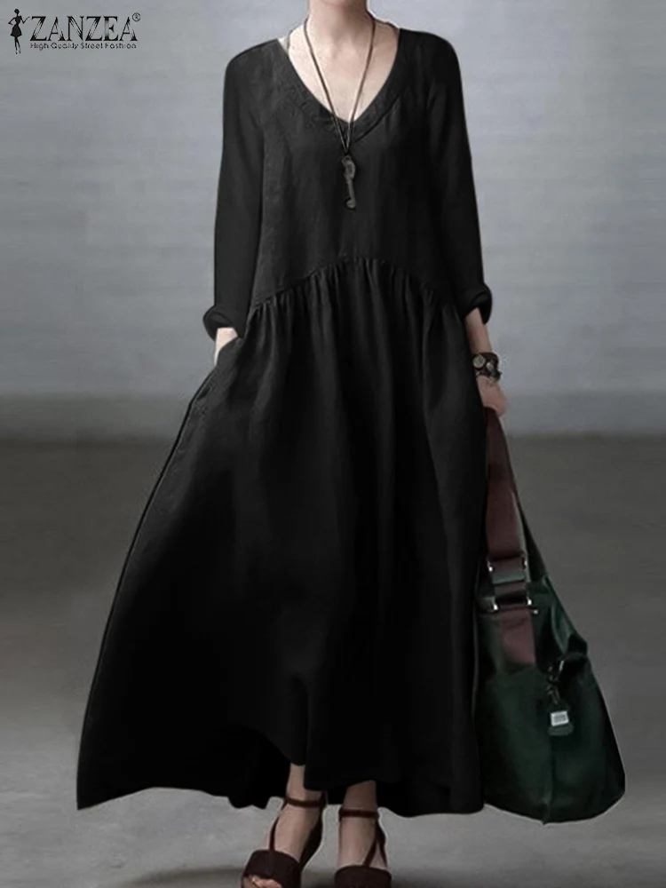 ZANZEA Stylish Women Autumn V Neck Long Sleeve Dress 2025 Elegant Maxi Robe Casual Solid Work Sundress A Line Loose Vestidos