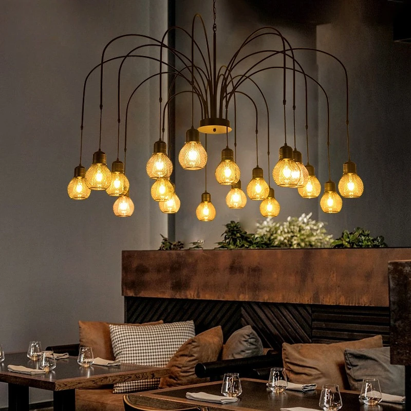 American Retro Industrial Large Pendant Light Restaurant Room Living Room Clothing Store Villa Duplex Iron Lamp Home Changeable