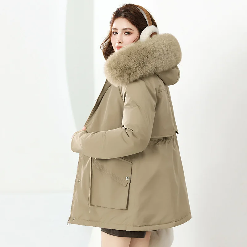 Parkas Coats Women Solid Jackets Raccoon Fur Hooded Zipper Pocket Drawstring Long Sleeves Office Lady Casual 2025 Autumn Winter