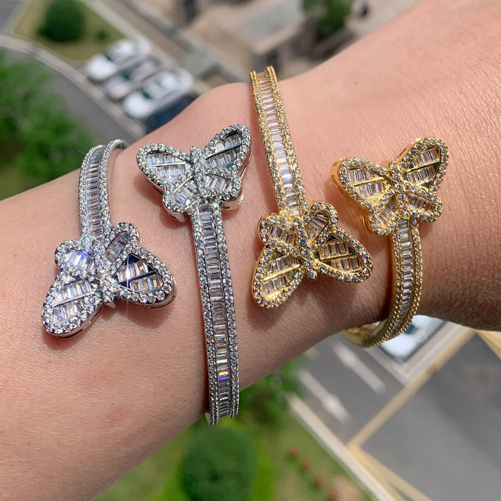 

High Quality Bling Cz Butterfly Charm Adjustable Open Bracelet Bangle for Women Wedding Hip Hop Ice Out Hand Love Jewelry