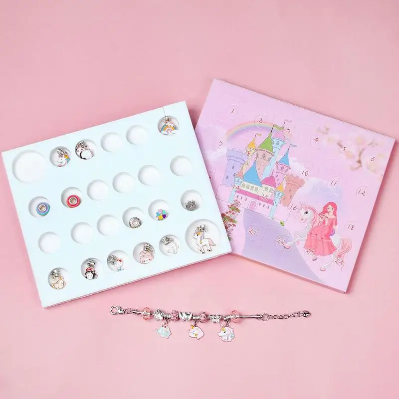 Weihnachten Advent Kalender Kinder Schmuck Machen Kit Weihnachten Rosa Fantasie Countdown-Kalender Armband Geschenk Für Mädchen Kid