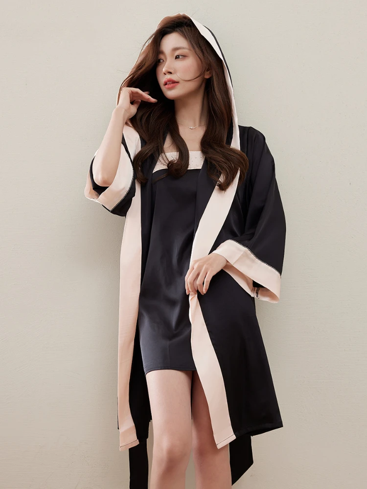 Spring 2024 New Hooded High-End Nightdress Nightgown Suit Women's 2-piece Set Diamond Sexy Ice Silk Outer Wear Home Clothes