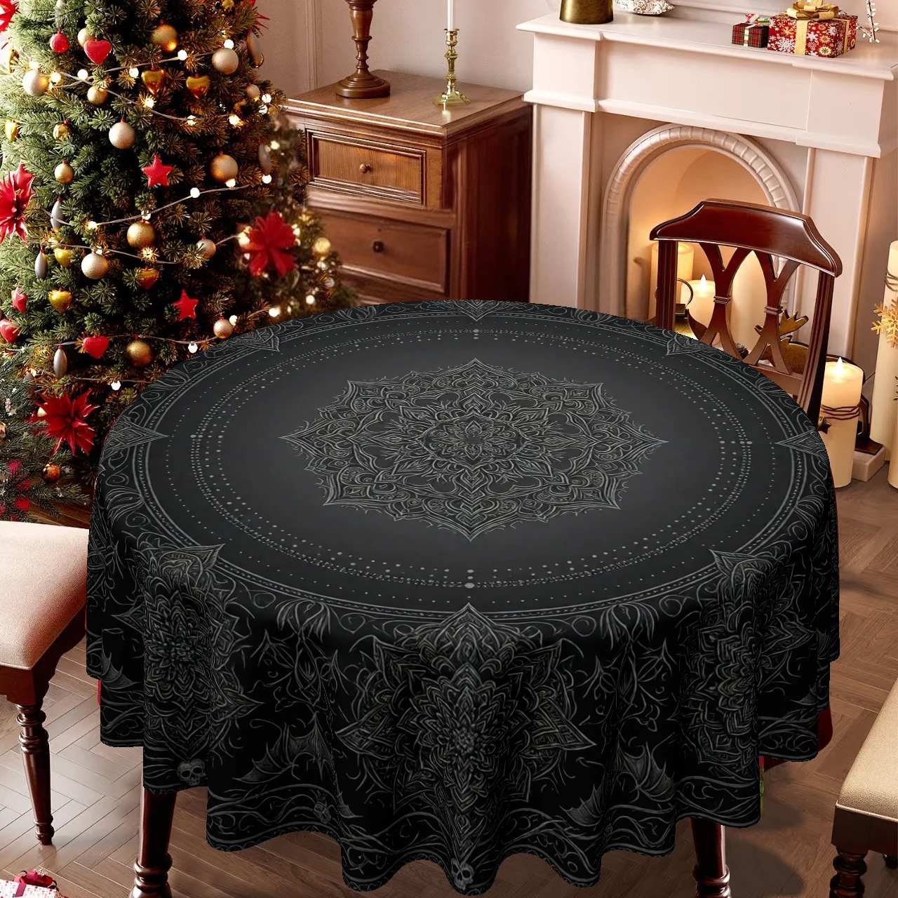 One tablecloth with a Halloween-themed gothic style, featuring bats and skulls