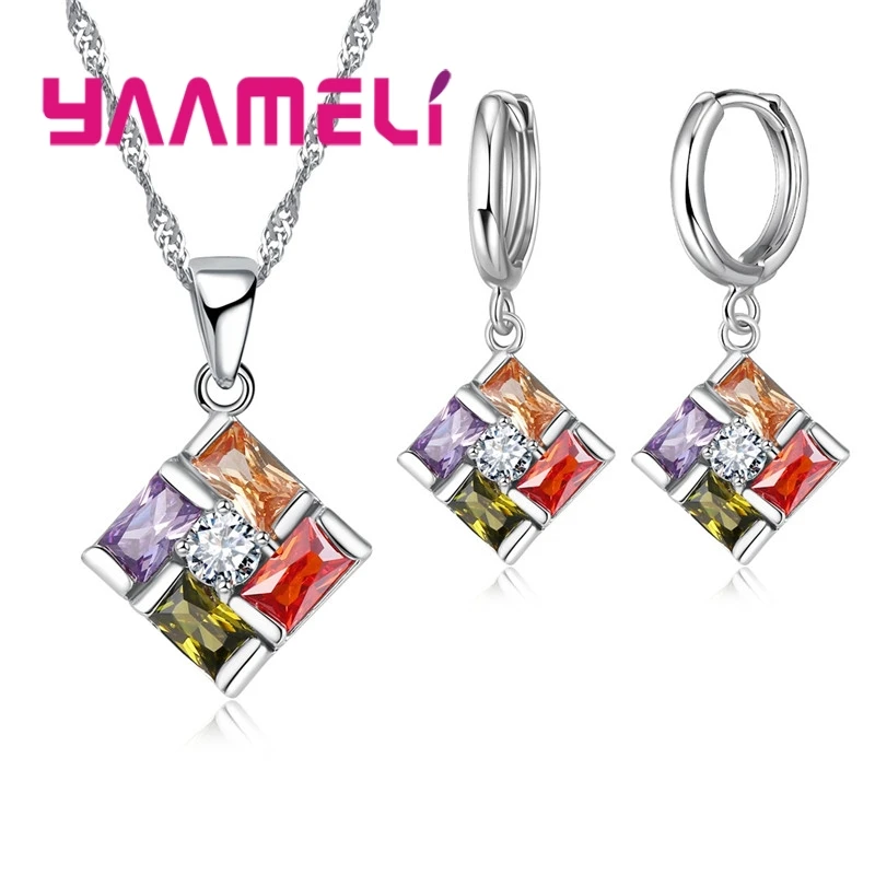 

925 Sterling Silver Pendant Necklace Earrings Sets Luxury Romantic Style Geometric Pattern Colorful For Women Wedding