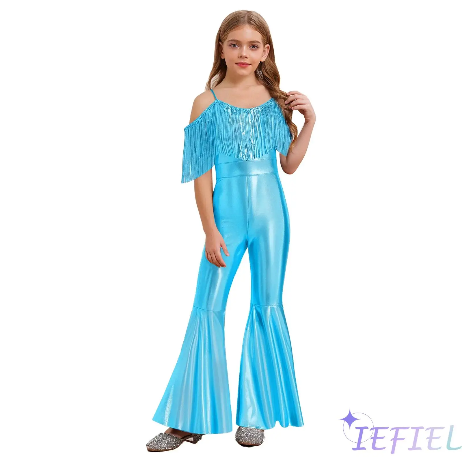 

Kids Girls Spaghetti Strap Sleeveless Sparkly Sequins Tassels Shinny Flared Jumpsuit Beauty Contest Outfits for Pageant Club