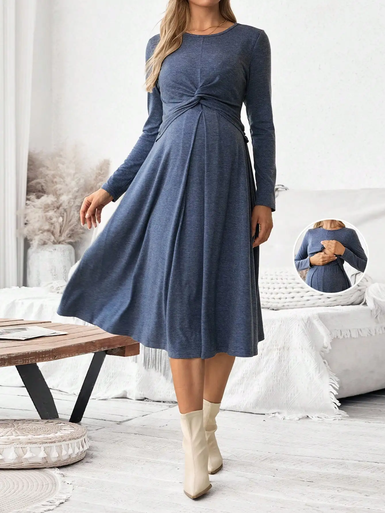 

Maternity Twist Waist Nursing Dress, Long Sleeve A-Line Midi in Solid Blue