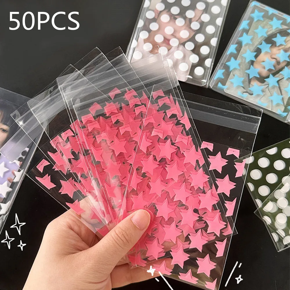 50pcs Color Star Love Opp Bag Gift Packaging Bag New Photocard Holder Transparent Self-adhesive Card Film Cover Protector