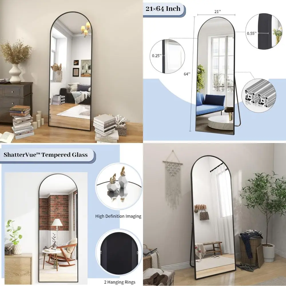 Full Length Arch Top Wall Mirror with Stand, Leaning or Hanging Floor Mirror for Full Body Viewing, 64x21 inches