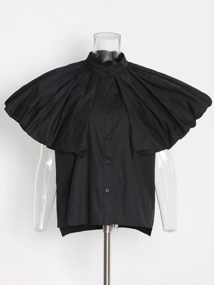 KBQ Casual Spliced Ruffles Shirt For Women Lapel Short Sleeve Patchwork Single Breasted Loose Solid Blouses Female Fashion New