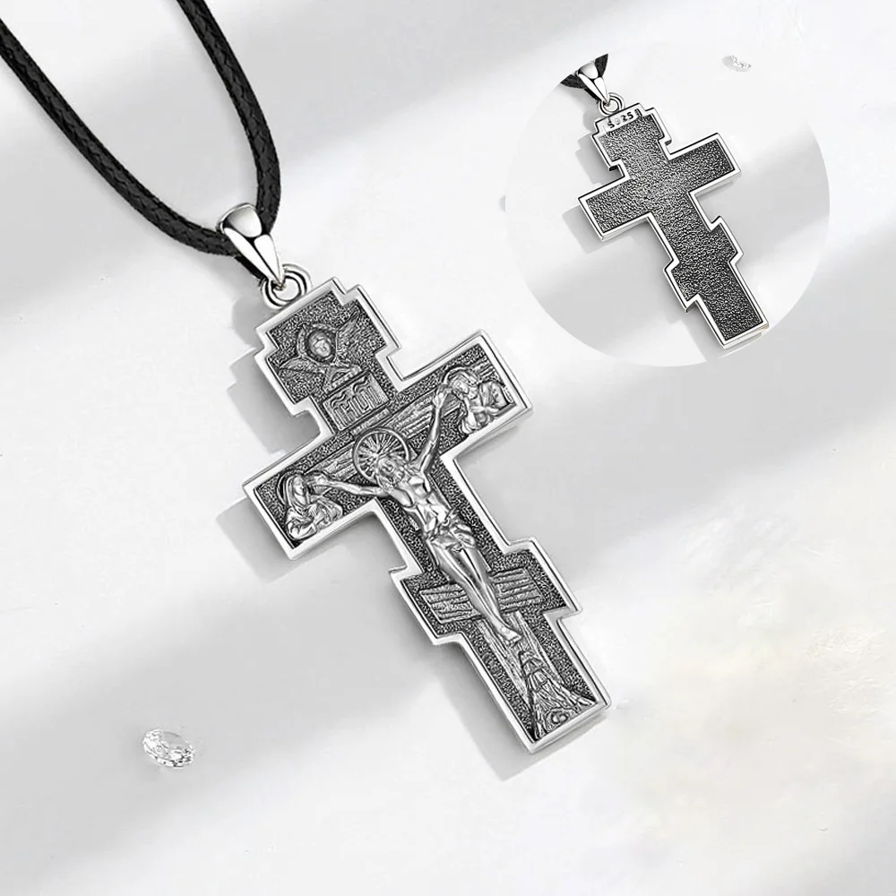يودورا 925 فضة الصليب الصليب قلادة يسوع الصليب الملاك قلادة المسيحية تعويذة خمر مجوهرات هدية للرجال