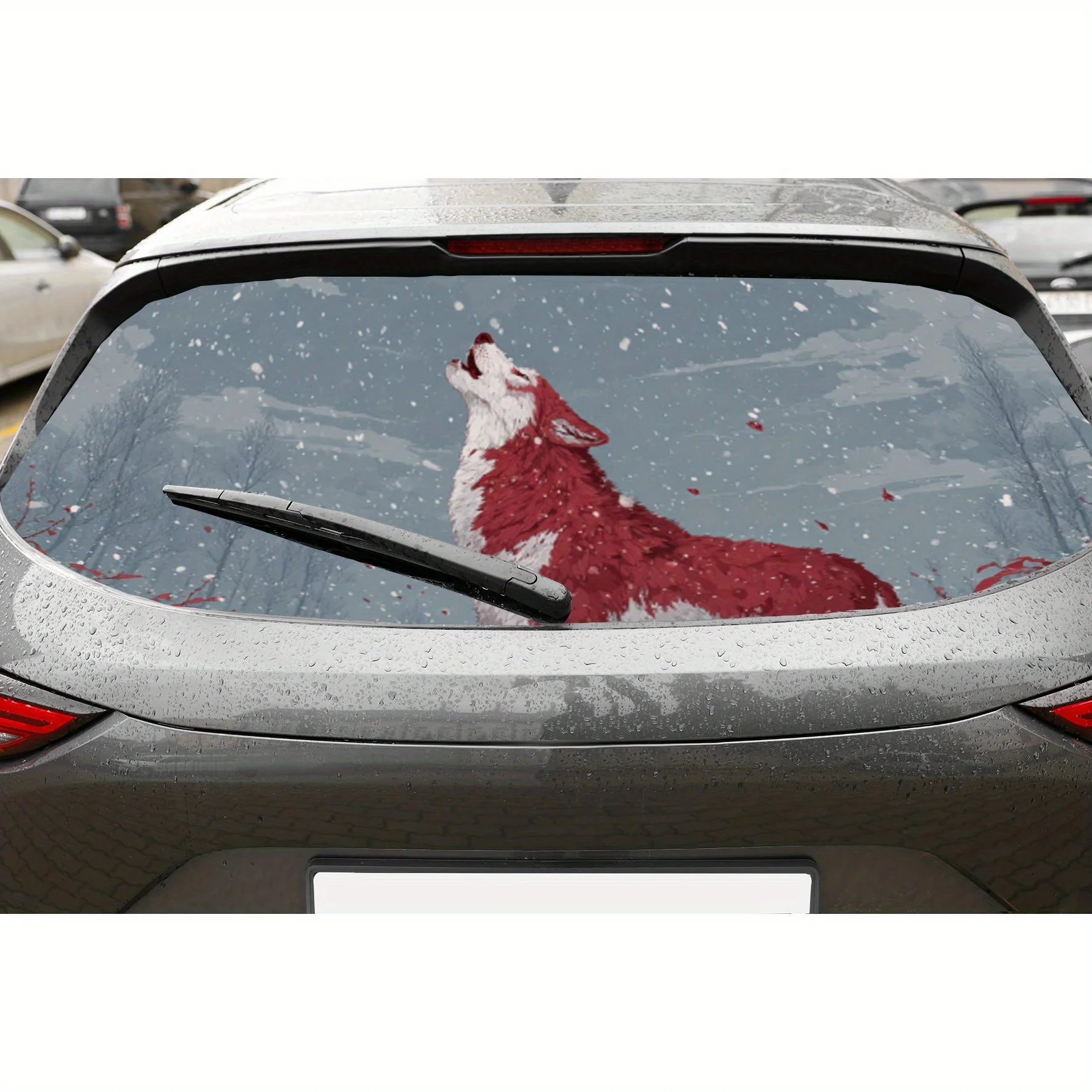 Serigala Merah dan Putih-Stiker Jendela Belakang Mobil Musim Dingin, Stiker Pembungkus Vinil Perlindungan Otomatis Antigores, PV Perekat Diri Tahan Air