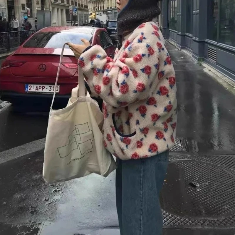 Kurtka zimowa 2025 New Rose Shake Fleece Retro Ciepła Rozpinana Casualowa