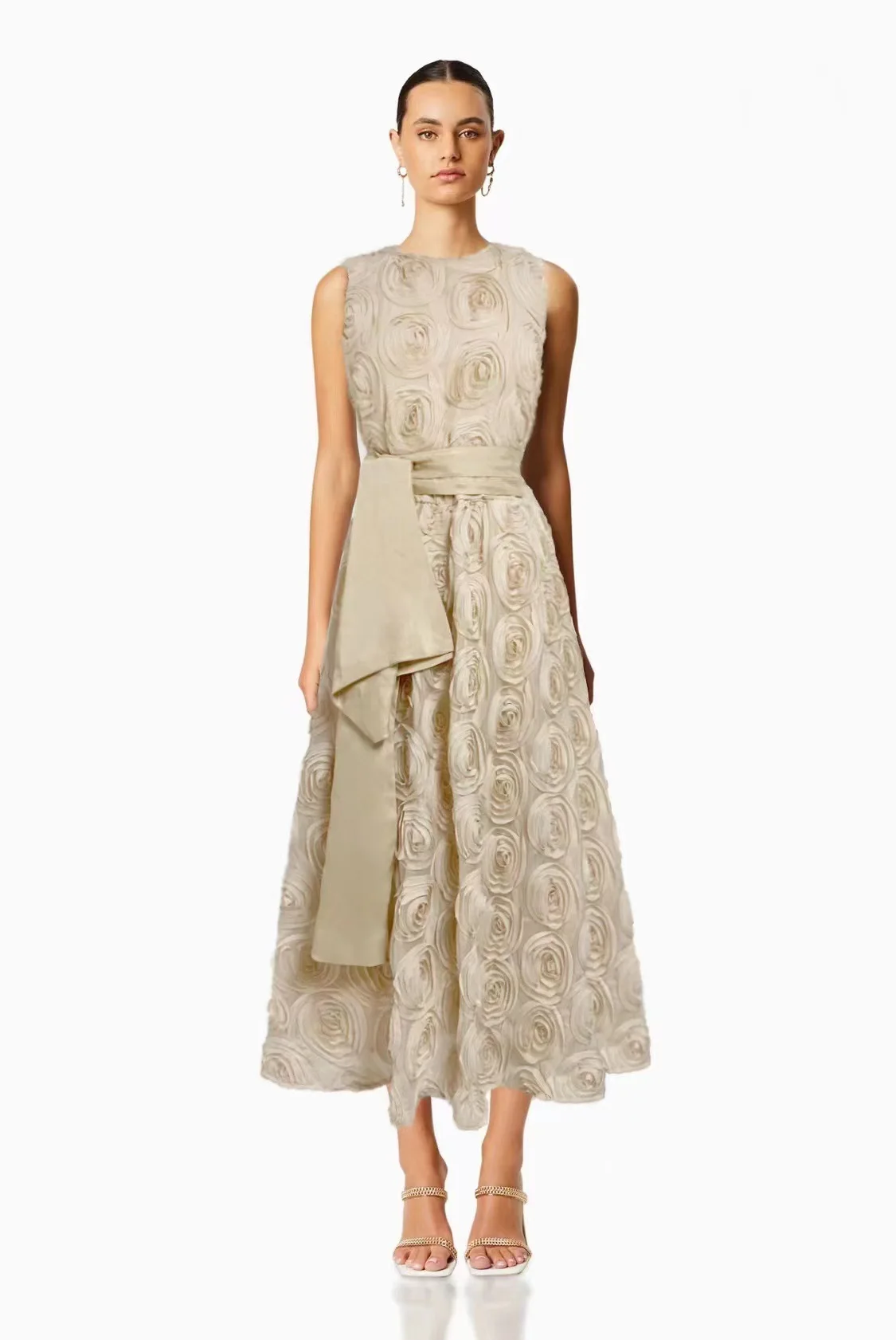 Vestidos largos de flores 3D de alta calidad para mujer, vestido sin mangas con cuello redondo y cordones, vestido hasta la rodilla de Color sólido de cintura alta para verano