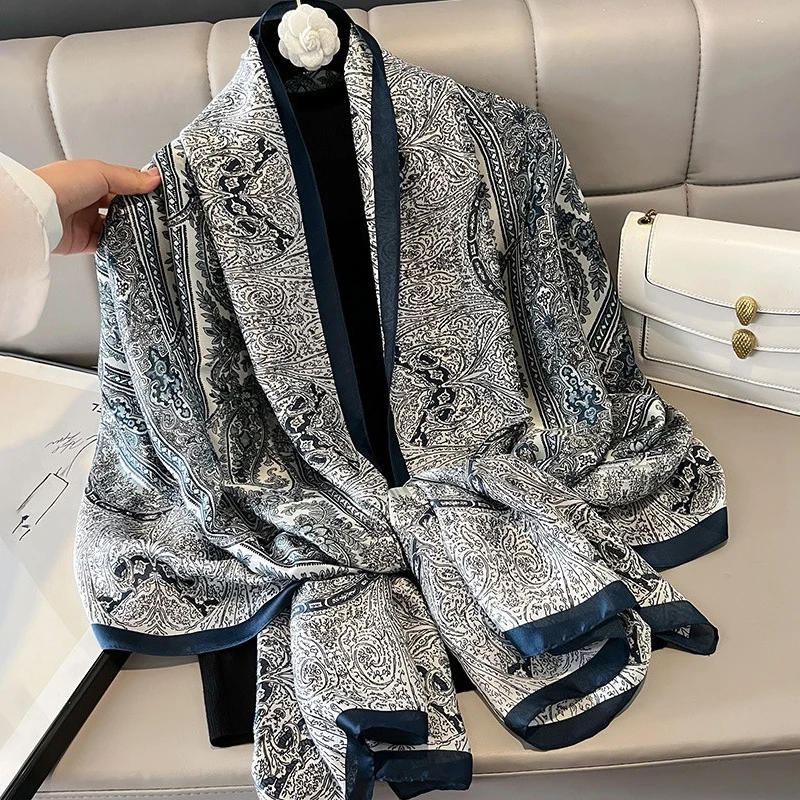 Lenço grande com estampa geométrica para mulheres, xale longo estampado, lenço, proteção solar, elegante, viagem, verão