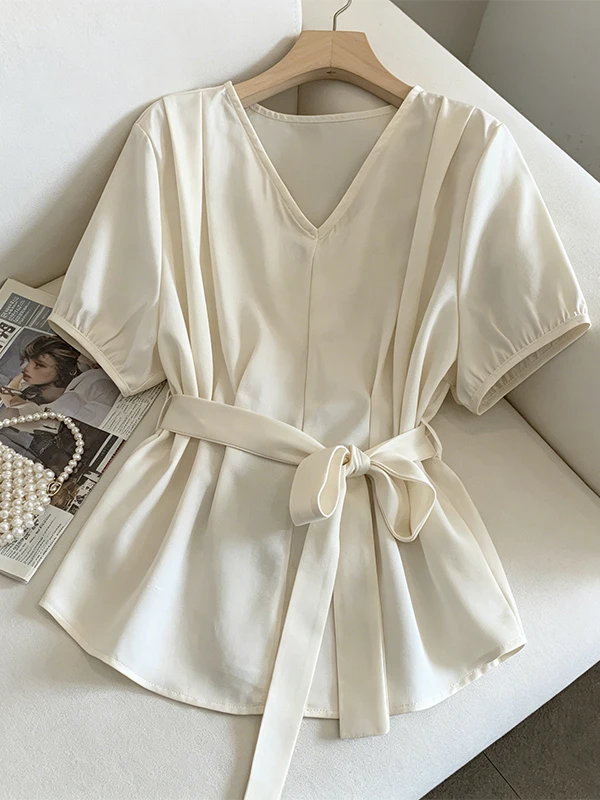

plus Size Summer New Style Shirt V-Neck Waist-Cinching Short Sleeve Loose Slimming Ribbon Tie Top for plus Size Women