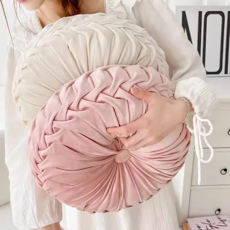 Cream Round Pleated Velvet Throw Pillow Soft Plush Decorative Seat Cushion for Bed Couch Chair - Decorative Pumpkin Gift Pillows
