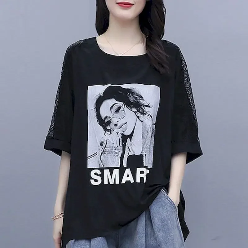 

Casual Denim Shorts Sets Women Patchwork Lace T-shirt Suits Summer Trend Loose Oversized T Shirt and Denim Shorts Two Piece Set