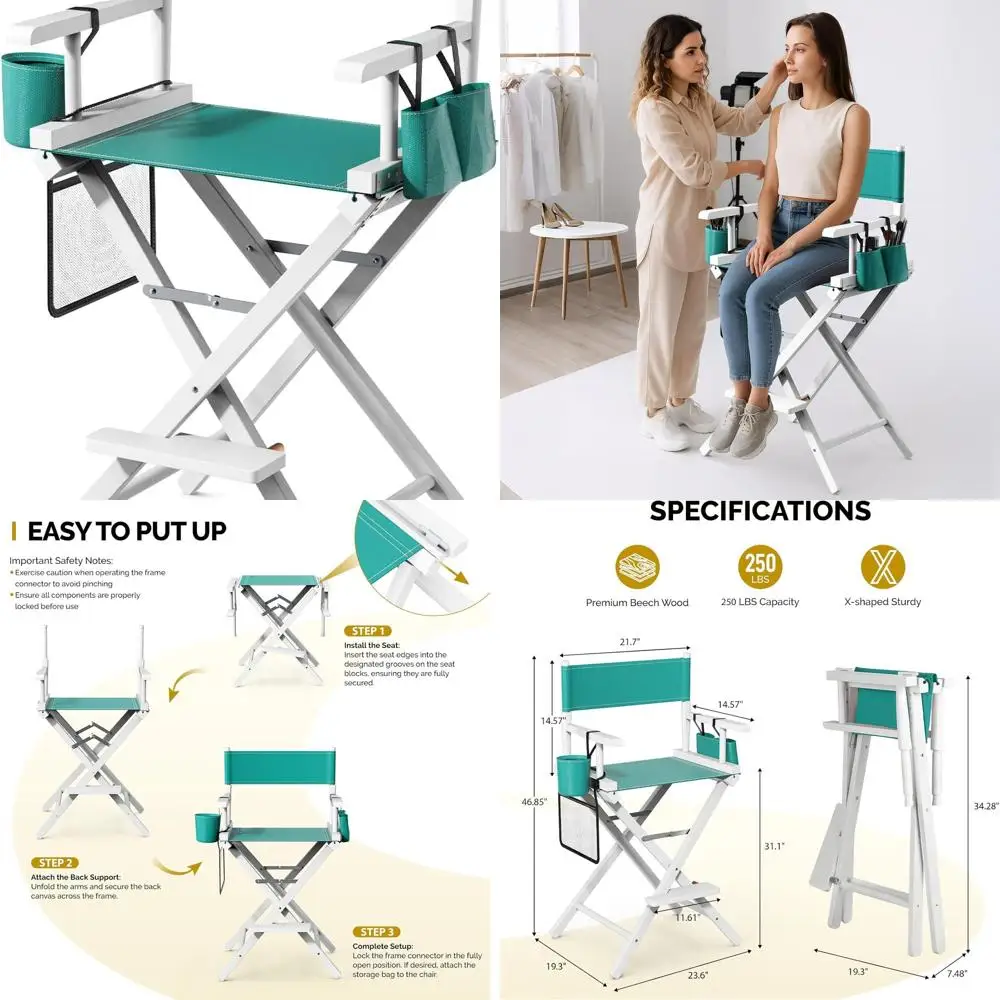 

26 Inch High Wooden Folding Directors Chair with Storage Pouch and Footrest, Ideal for Salons, Events, and Mobile Services, 250l