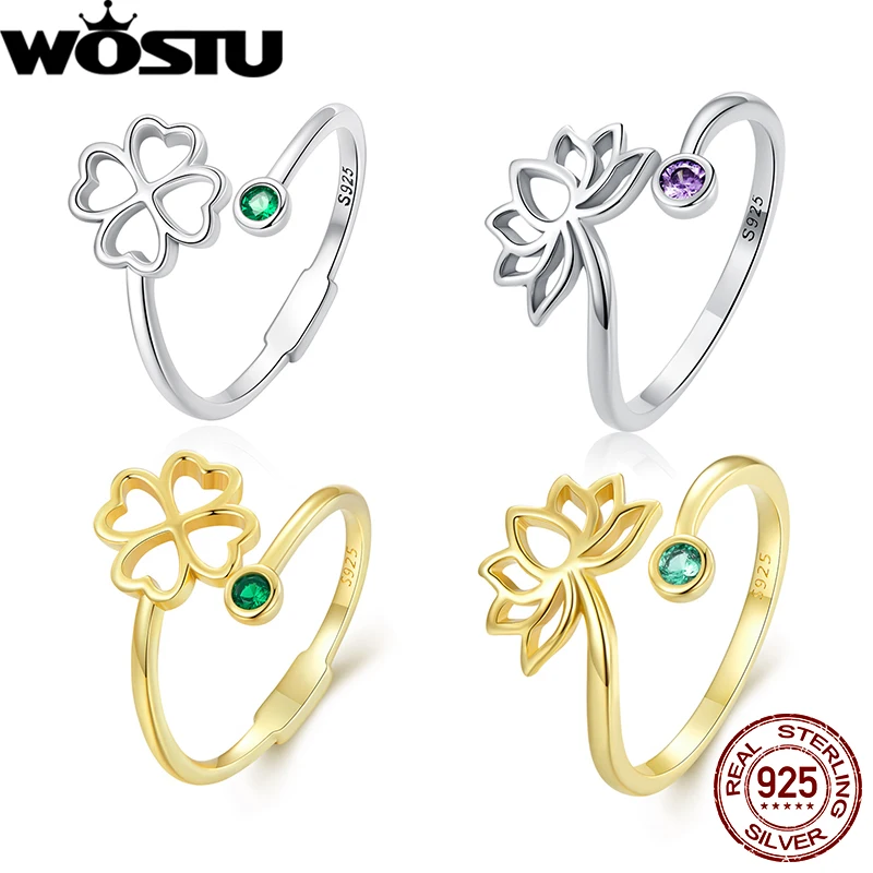 WOSTU Real 925 Sterling Silver Lotus Flower Adjustable Rings for Women Simple Trend Purple Zircon Wedding Ring Fine Jewelry Gift