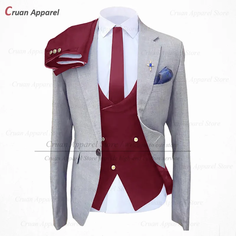 

Fashion Grey Burgundy Men Suit Slim Fit Prom Party Wedding Suit Tuxedo Formal Blazer Double Breasted Vest Pants 3 Pieces Set