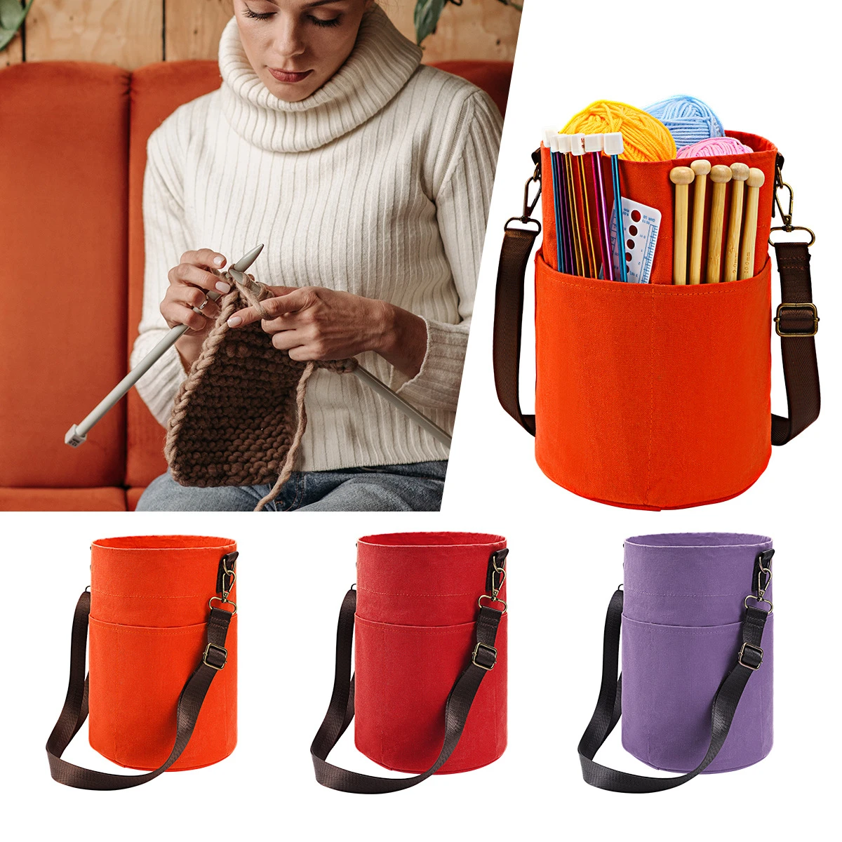 

Сумка для хранения вязальных инструментов — холщовый органайзер для ведра с шнурком и плечевым ремнем для пряжи, принадлежности для рукоделия