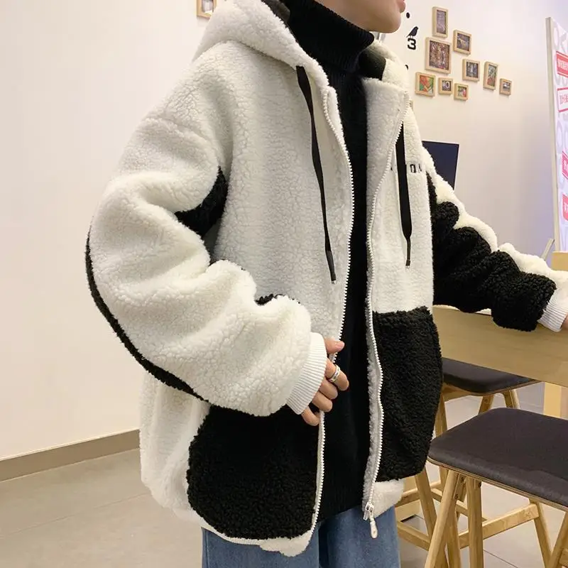 Embroidery Letter Fashion Patchwork Color Winter Hoodie Sweatshirt Men\'s Jacket Lamb Wool Casual Loose Zipper Loose Coat Male