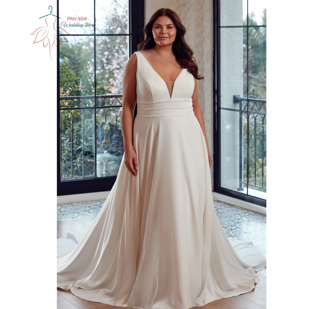 Simple Wedding Dresses Plus Size V Neck Sleeveless Bride Gowns Backless Back Button Sweep Train A-Line Vestido De Noiva 2025