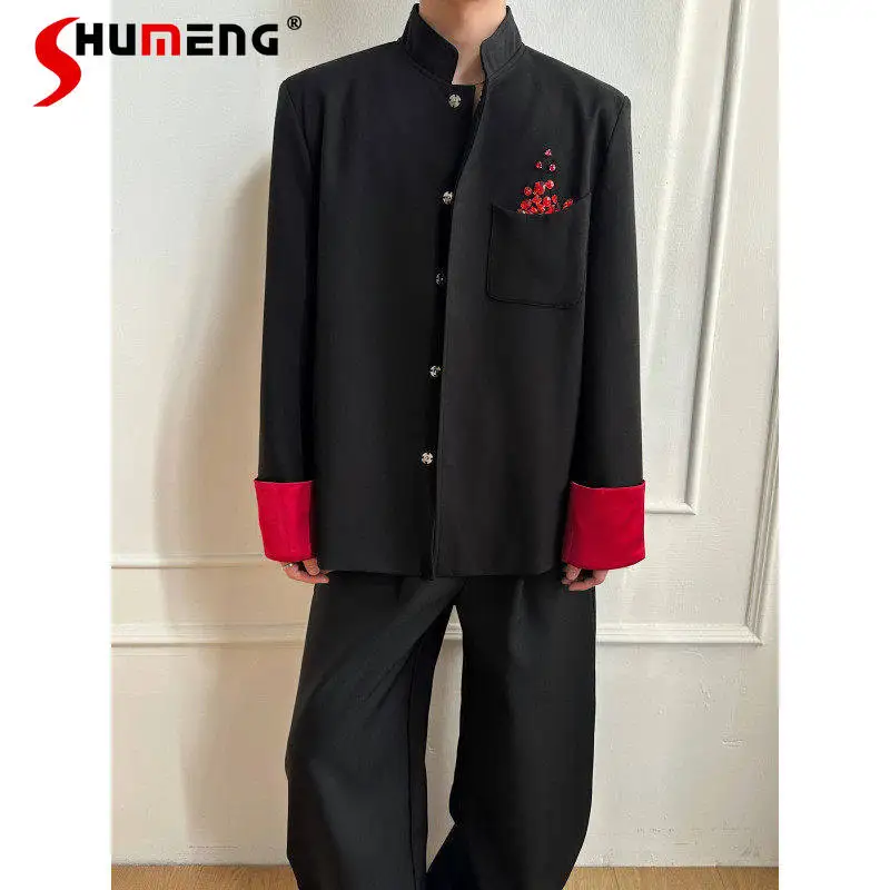 

Men's 2026 Spring Stand Collar Comfort Loose Suit Jackets Handsome Contrast Color Splicing Gemstone Decoration Tailored Coats