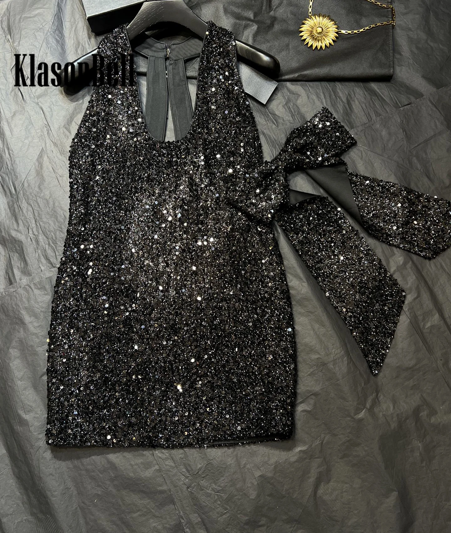 1.11 KlasonBell Europe America Sequins U-Neck Halter Sexy Backless Cute Bow Detachable Slim Package Hip Dress Women