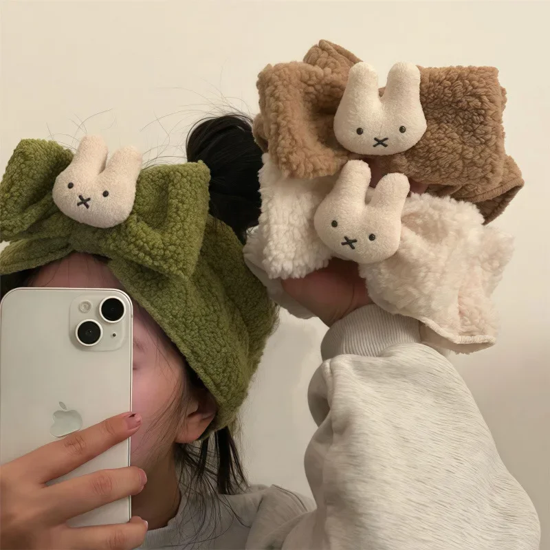 Kawaii Anime Miffy Plush Face Wash Headband Creative Cartoon Makeup Bow Elasticity Hairband Cute Woman Hair Tie Supplies