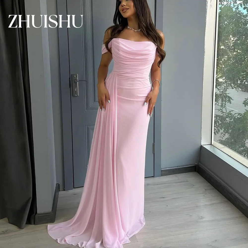 

ZHUISHU Pink Off the Shoulder Evening Gowns Customized Chiffon Long Prom Party Dresses Customized A Line Formal Event Dresses