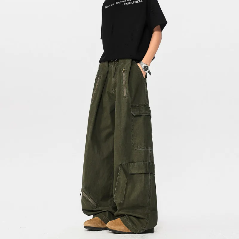 

American Retro Work Pants Hiphop Paratrooper Men's High Waist Loose All-Match Wide Leg Floor-Length Casual Pants